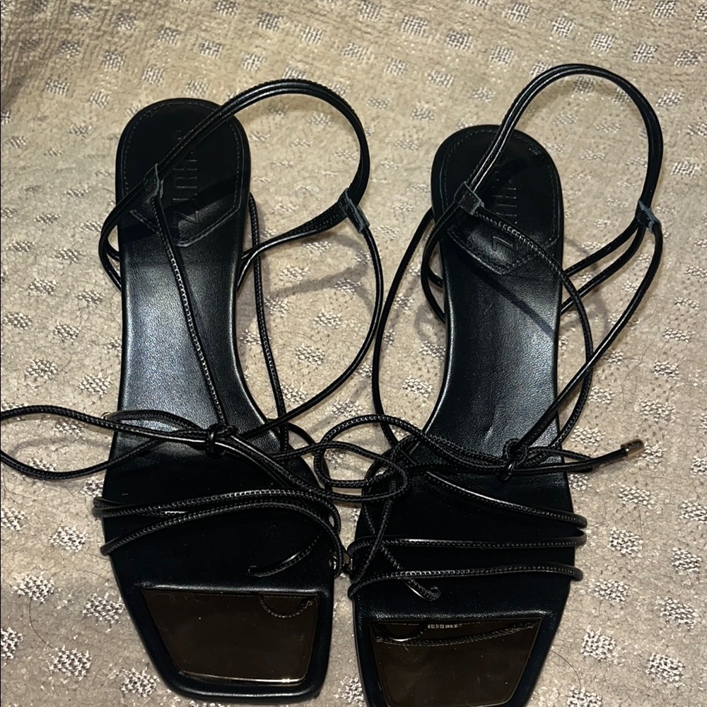 Schutz Black Strappy Sandals with gold toe